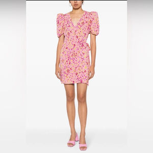 Floral Jacquard Mini Dress with Puff Sleeves